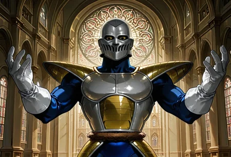 realism, 
framing device, rule of third, negative space, detailed. 
dynamic pose, foreshortening, extreme perspective 
cinematic concept art of 
1 adult man, 
upper body focus, upper body zoom, 
(The Phantom of the Opera style,), intricate white plain mask covers (one side of the face), 
dramatic lighting and shadows
wears blacktop hat, 
wearing 
white saiyan armor, shoulder pads, blue leotard,, white gloves,, white boots,, hip armor,, tailbelt,
 facing the viewer, 
backdrop is stained glass, church, arch,