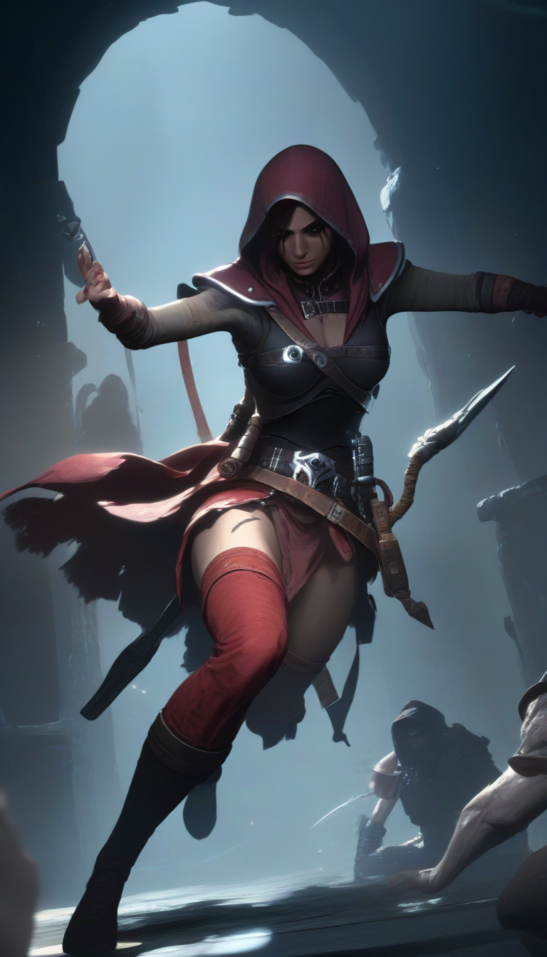 Cinematic scene, d4r rogue <lora:diablo_4_rogue_3b:1>, action pose, dungeon, detailed background, masterpiece, best quality, high quality, absurdres