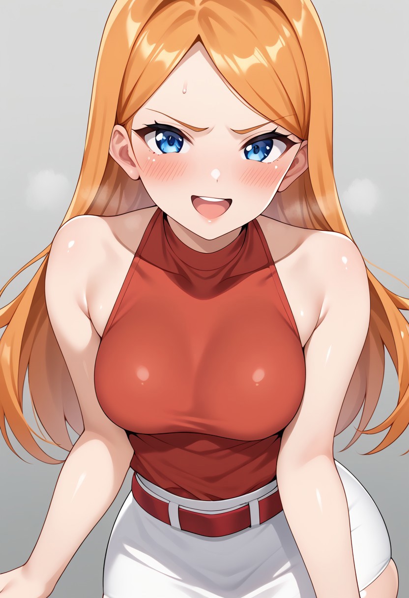 score_9, score_8_up, score_7_up, deep skin, shiny skin, skindentation, source_anime, high quality, highres, (curvy), ((wide hips)),, thick thighs, cute, , sexy, medium breasts, CandacePnF, 1girl, orange hair, split bangs, blue eyes, red shirt, sleeveless, bare shoulders, white skirt, red belt, tsundere, ((blush)) solo, nervous smile, pov, open mouth
