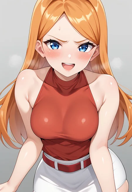 score_9, score_8_up, score_7_up, deep skin, shiny skin, skindentation, source_anime, high quality, highres, (curvy), ((wide hips)),, thick thighs, cute, , sexy, medium breasts, CandacePnF, 1girl, orange hair, split bangs, blue eyes, red shirt, sleeveless, bare shoulders, white skirt, red belt, tsundere, ((blush)) solo, nervous smile, pov, open mouth