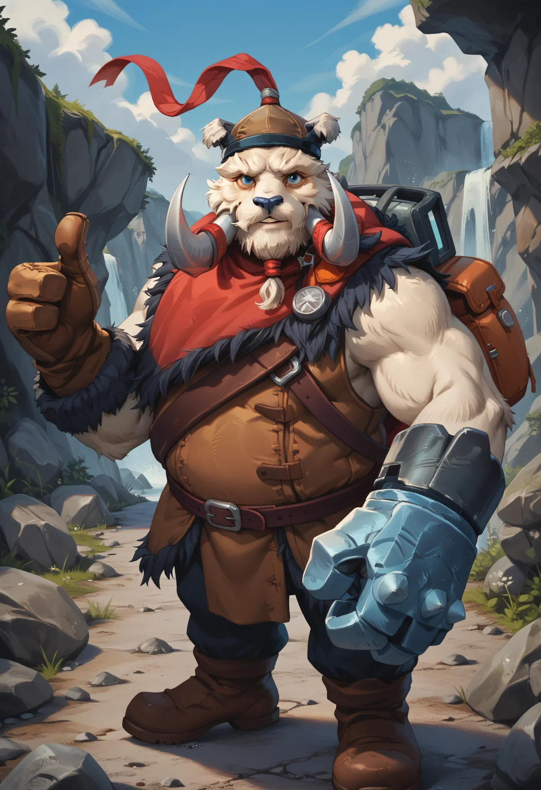 score_9, score_8_up, score_7_up, score_6_up, score_5_up, score_4_up, BREAK, sollyz, by sollyz, tuskpdxl, tusks, gloves, coat, rock fist, hat, red ribbon, white fur, 1boy, male focus, backpack, solo, plump, furry male, furry, beard, facial hair, looking at viewer, outdoors, thumbs up, smile, friendly, blue eyes, <lora:YmirTheTusk:0.75>