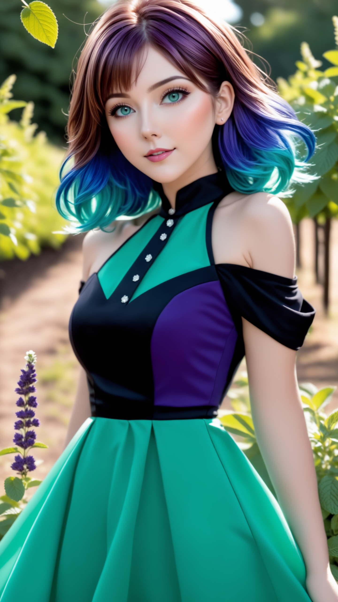 (masterpiece, best quality, ultra realistic, 32k, RAW photo, detail skin, 8k uhd, dslr, high quality, film grain:1.1), short hair, Electric blue hair:1.1, portrait, lady, brown eyes, deep purple Off-the-shoulder top/dress, freckles, (Mint green gradient background, led light, edge light, simple background), <lora:xl_yamer_style-3.0:1>