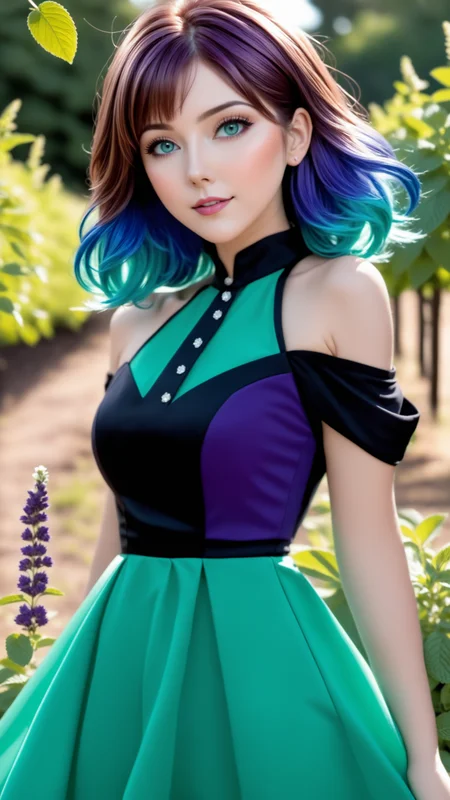 (masterpiece, best quality, ultra realistic, 32k, RAW photo, detail skin, 8k uhd, dslr, high quality, film grain:1.1), short hair, Electric blue hair:1.1, portrait, lady, brown eyes, deep purple Off-the-shoulder top/dress, freckles, (Mint green gradient background, led light, edge light, simple background), <lora:xl_yamer_style-3.0:1>