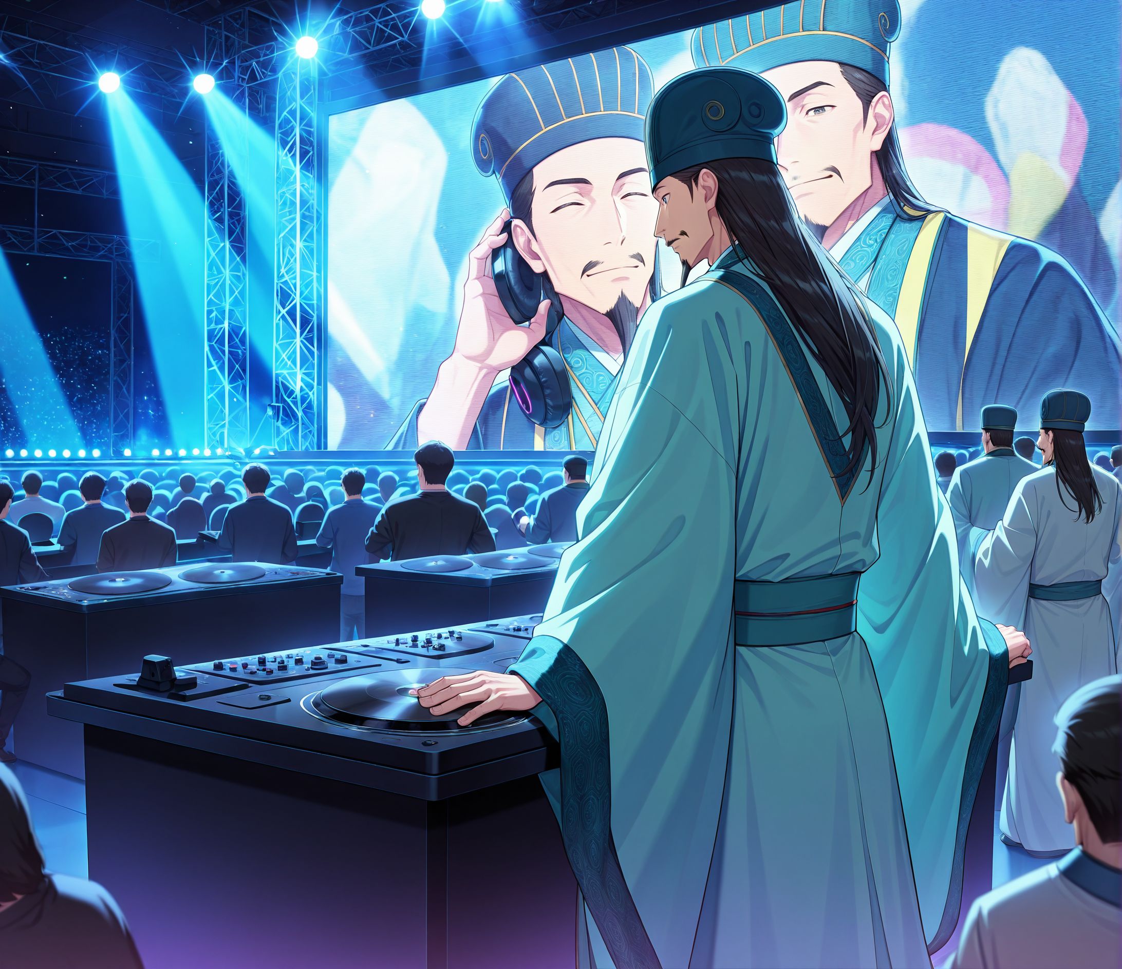 masterpiece,best quality,amazing quality,very aesthetic,absurdres,newest, huge filesize, 
<lora:spo_sdxl_10ep_4k-data_lora_webui:0.5>,anime screenshot, 2d anime,anime coloring, 
<lora:add-detail-xl:1>   paripi koumei, official art, 
1boy, 
concert, a lot of audience, dj booth, turn tables, records, wires, cables, , standing, hand on turn table, hand on ear,  night club, head phone on neck,
stage,stage light, party,star glasses,
BREAK
<lora:Paripi_Koumei_V1:1>
Paripi_KoumeiV1,
1boy,facial hair,
chinese clothes,hanfu,standing,
long sleeves,wide sleeves,
long hair,hat,blue headwear,robe,mustache,
closed mouth,sash,black hair,
p_koumei,
p_cabe,
p_boss,
p_eiko,
chinese clothes,hanfu, 
long sleeves,wide sleeves, huge screen,music,  enjoy, happy,  from behind, (crowded:1.4),  multiple girls, multiple boys,   front view,
long hair,hat,blue headwear,robe,mustache, 
closed mouth,sash,black hair,
p_koumei,
BREAK