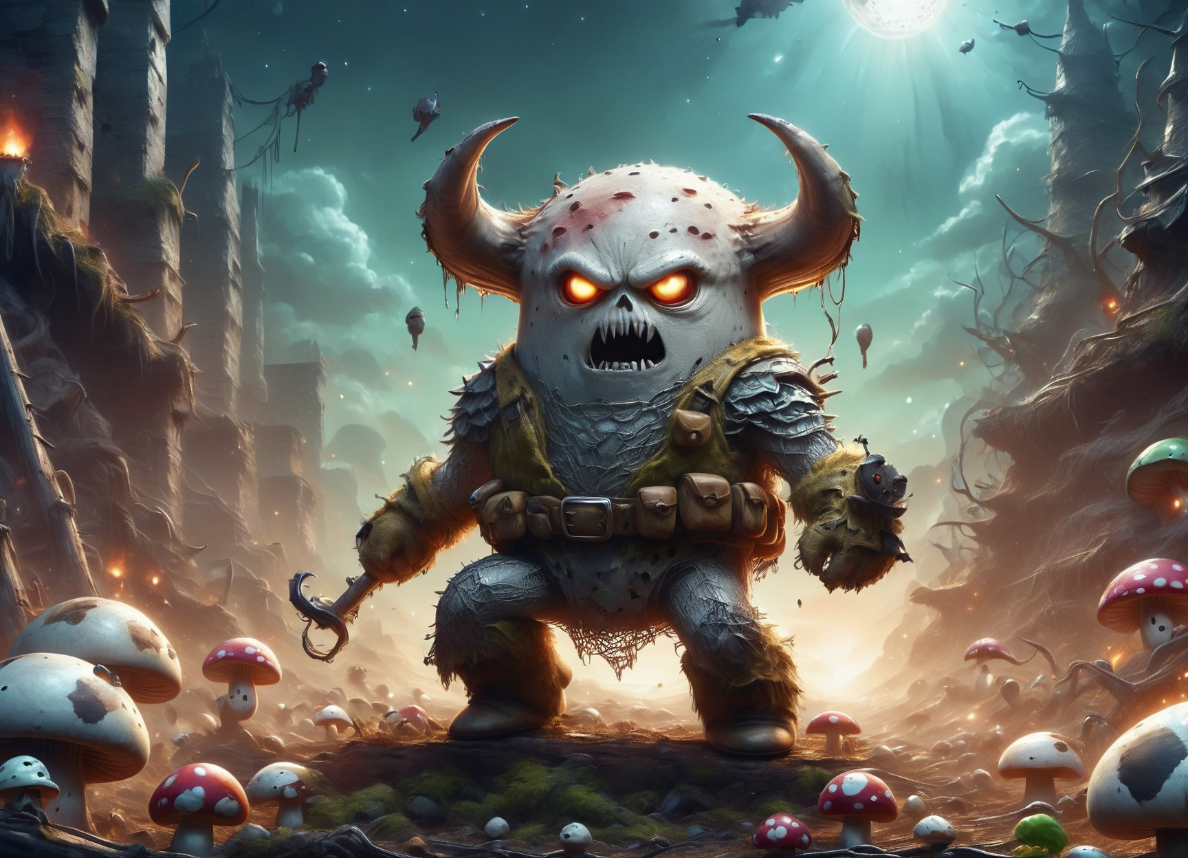 DonM5hr00mKn1gh7XL solo, shroom guy,demon hunter , rural landscape, ravine <lora:DonM5hr00mKn1gh7XL-pony:1>