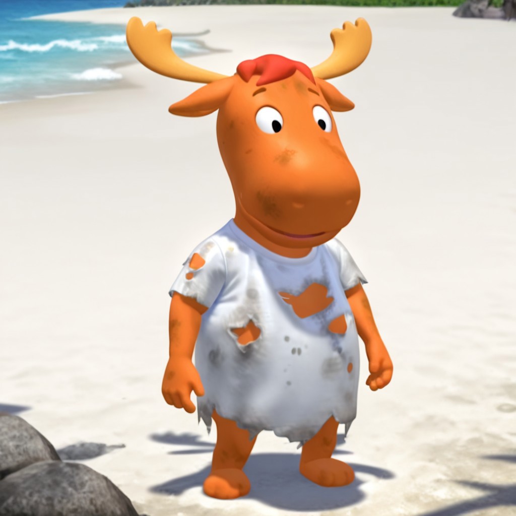 masterpiece, best quality, amazing quality, tyronemoosebyil, anthro, male, moose, orange fur, black eyes, antlers, red hair, white shirt, dirty shirt, torn shirt, standing, outside, at the beach, solo, full body