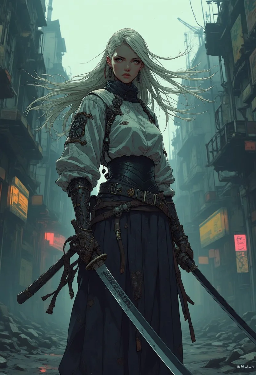 pixel art, Post apocalypse, In the thick fog of a dilapidated city, in the middle of a dilapidated street, a samurai woman stands ready for a confrontation, clutching a long samurai knife with both hands. Her gaze is fixed on the camera lens, the wind blowing through her long hair flutters around her. the samurai woman is in a steady pose, firm, in a determined stance. the wind heightens the sense of anticipation. A charged atmosphere of emptiness, despair and tiredness, A dim, dystopian background with a warm, industrial tone - soft lighting,