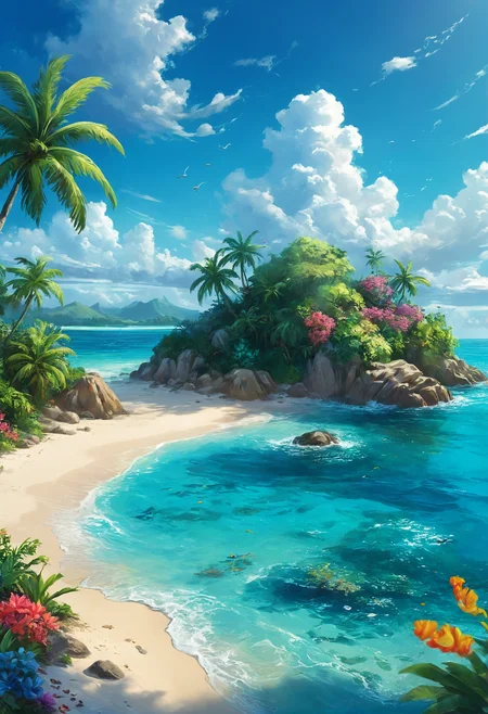 A digital 2D painting of a tropical island paradise. The island is surrounded by crystal-clear turquoise waters, with coral reefs visible beneath the surface. White sandy beaches are lined with lush, green palm trees and vibrant tropical flowers. The sky is a bright, sunny blue with a few fluffy white clouds. The painting style should be vibrant and lively, with rich colors and dynamic lighting to capture the essence of a tropical getaway. The mood is joyful and relaxing, perfect for a tropical escape. <lora:Detailed_notrigger:1> <lora:Wildcard-Detail_Enhancer:1>