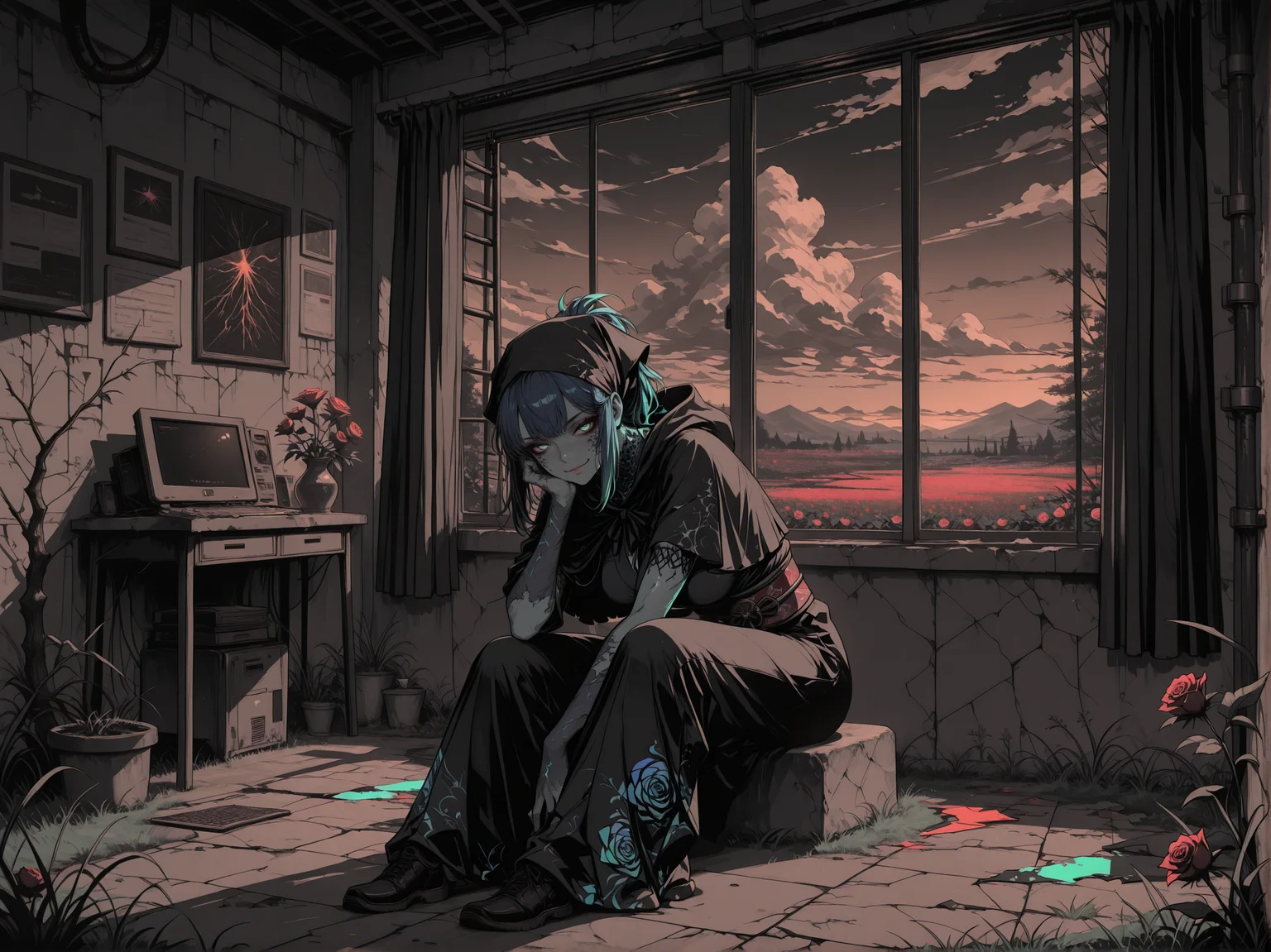 masterpiece,best quality,amazing quality,, re4lity_sync_illu, Sinozick_illu, LeIsT0_illu, 1girl, (solo:1.4), (cute, adorable, kawaii:1.2),
 soft lighting, shadows, harsh shadows, Chiaroscuro Lighting, dusk, dark theme, surreal, flat color, spot color, (monochrome, grayscale:0.7), dark brown theme, (interior,:1.1)
1girl, (solo:1.4), hair_up, medium hair, loose ponytail,  light green eyes, happy,  looking at viewer,  light emerald hair, dark Royal Blue hair, ,   large breasts,   obi, perfect cute face,  (charcoal skin, colored skin,:1.4) Bioluminescent skin,  sitting, leaning forward,, fighting pose,  
iridescent patterns, cotton  hooded cape, headscarf,
   many pocketet pants,
  gold uneven floor, bloodwood tree, colored leafs, colored grass, twisted grass, magical clouds,  window, ladder, servers, computers,   plastic tall walls,  concrete decorated floor, dark Aquamarine leafs, flowers, rose field, grass, expansive sky, clouds,  curtains,  cyberpunk architecture, celestial, room, walls, floor, 
<lora:NOOB_vp1_detailer_by_volnovik_v1:1> <lora:add-detail-xl:1> <lora:Sinozick_style:0.6> <lora:LineArt Grey [LoRA] - Illustrious-XL v0.1:0.4> <lora:LeIsT0_style:0.2> <lora:- iLL - the_edgy_mech_V2.0-:0.4> <lora:ck-shadow-circuit-IL:0.4> <lora:illustrious_very_aesthetic_v1:0.2> <lora:cutesexyrobutts_style_illustrious_goofy:0.2> <lora:OldAnimeStyle_XL_v3:0.3> <lora:xl_more_art-full_v1:0.3> <lora:style2:0.1> <lora:ponyv6_noobE11_2_adamW:0.2>