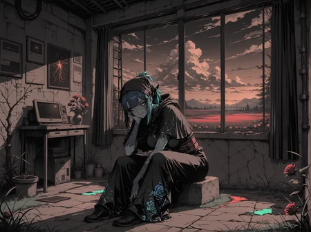 masterpiece,best quality,amazing quality,, re4lity_sync_illu, Sinozick_illu, LeIsT0_illu, 1girl, (solo:1.4), (cute, adorable, kawaii:1.2),
 soft lighting, shadows, harsh shadows, Chiaroscuro Lighting, dusk, dark theme, surreal, flat color, spot color, (monochrome, grayscale:0.7), dark brown theme, (interior,:1.1)
1girl, (solo:1.4), hair_up, medium hair, loose ponytail,  light green eyes, happy,  looking at viewer,  light emerald hair, dark Royal Blue hair, ,   large breasts,   obi, perfect cute face,  (charcoal skin, colored skin,:1.4) Bioluminescent skin,  sitting, leaning forward,, fighting pose,  
iridescent patterns, cotton  hooded cape, headscarf,
   many pocketet pants,
  gold uneven floor, bloodwood tree, colored leafs, colored grass, twisted grass, magical clouds,  window, ladder, servers, computers,   plastic tall walls,  concrete decorated floor, dark Aquamarine leafs, flowers, rose field, grass, expansive sky, clouds,  curtains,  cyberpunk architecture, celestial, room, walls, floor, 
<lora:NOOB_vp1_detailer_by_volnovik_v1:1> <lora:add-detail-xl:1> <lora:Sinozick_style:0.6> <lora:LineArt Grey [LoRA] - Illustrious-XL v0.1:0.4> <lora:LeIsT0_style:0.2> <lora:- iLL - the_edgy_mech_V2.0-:0.4> <lora:ck-shadow-circuit-IL:0.4> <lora:illustrious_very_aesthetic_v1:0.2> <lora:cutesexyrobutts_style_illustrious_goofy:0.2> <lora:OldAnimeStyle_XL_v3:0.3> <lora:xl_more_art-full_v1:0.3> <lora:style2:0.1> <lora:ponyv6_noobE11_2_adamW:0.2>