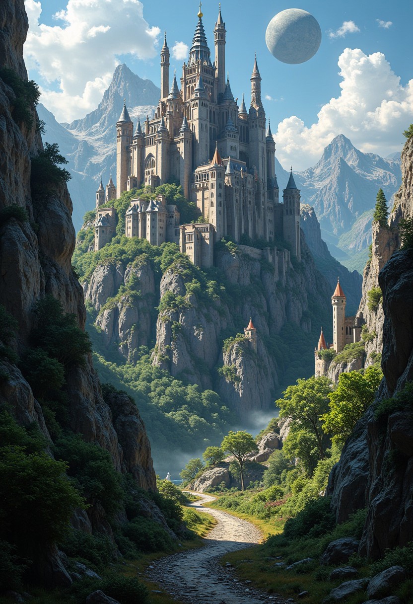 masterpiece, high detail, fantasy medieval cityscape with cathedral, castle, city walls, carved out of a mountainside. highest definition, HD32K, wallpaper, hyperdetailed, concept art