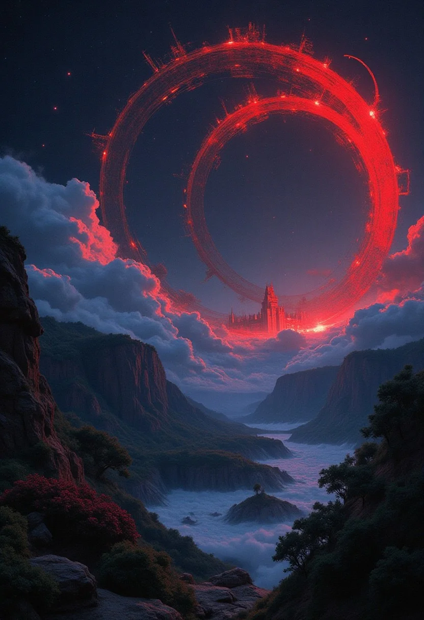 Red and Blue extreme contrast lighting, a verdant landscape of mountains and forests, with the stars shining bright in the sky, in the sky is a large ring world with a massive city arching upwards from the horizon, detailed city