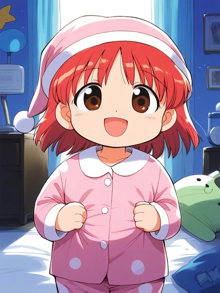 score_9, score_8_up, score_7_up, source_anime, rating_explicit, BREAK <lora:momo_shunrai_XL:1> momo_ shunrai, short stack, short hair, red hair, brown eyes,
pink pajamas, pink night cap, stuffed animal, 1girl, open mouth, solo,
room, flooring, curtain,
smile, standing,
looking at viewer,
cowboyShot,