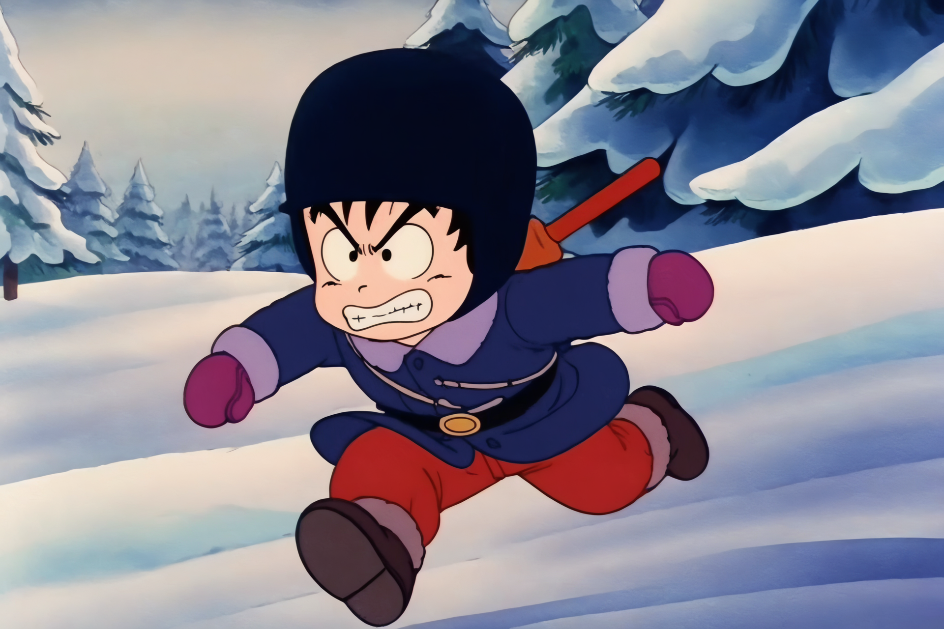source_anime, score_9, score_8_up, score_7_up, anime screencap,8k, absurd res, 
son goku, solo, black hair, gloves, 1boy, male focus, boots, outdoors, teeth, black eyes, coat, clenched teeth, snow, winter clothes, red mittens, blue coat, fur boots, belt, fur hat, shoe soles, running, v-shaped eyebrows, raised eyebrows, red pants, 1980s \(style\), chibi, nyoibo, weapon on back, male child, retro artstyle
 <lora:gokudb_pony_v2:0.8>