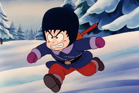source_anime, score_9, score_8_up, score_7_up, anime screencap,8k, absurd res,
son goku, solo, black hair, gloves, 1boy, male focus, boots, outdoors, teeth, black eyes, coat, clenched teeth, snow, winter clothes, red mittens, blue coat, fur boots, belt, fur hat, shoe soles, running, v-shaped eyebrows, raised eyebrows, red pants, 1980s \(style\), chibi, nyoibo, weapon on back, male child, retro artstyle
<lora:gokudb_pony_v2:0.8>