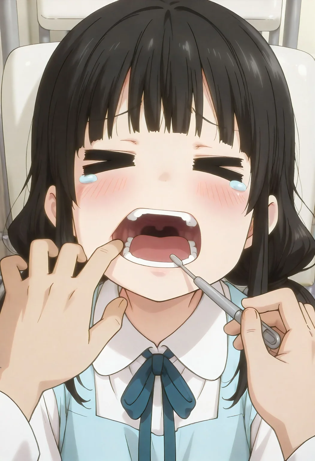masterpiece, best quality, high quality, highres, absurdres, insanely detailed, amazing quality, very aesthetic, newest, Anime screencap, zPDXL3, sfw,
<lora:Hyper-SDXL-8steps-lora:1>, <lora:StS-Illustrious-Detail-Slider-v1.0:3>, <lora:illustriousXL_stabilizer_v1.7:0.8>,
1girl, black hair, bangs, Straight bangs, blunt bangs, hime cut, long hair, straight hair, low twintails, long pigtails, hair tie,
dress, blue dress, white blouse, neck ribbon, bule ribbon, suspenders,
<lora:cartoon_crying_v1_illustrious:1>
cartoon crying, >_<, waving mouth,
indoor, dentist, examination chair, dental treatment, pov hand, (tweezers, holding tweezers, tweezers in mouth:1.3), lying, on back, from above, closeup, extreme closeup, mouth focus, dutch angle,
<lora:Mouth_Pull_ILXL:1> open mouth, teeth, uvula, tongue, finger in own mouth, mouth pull,