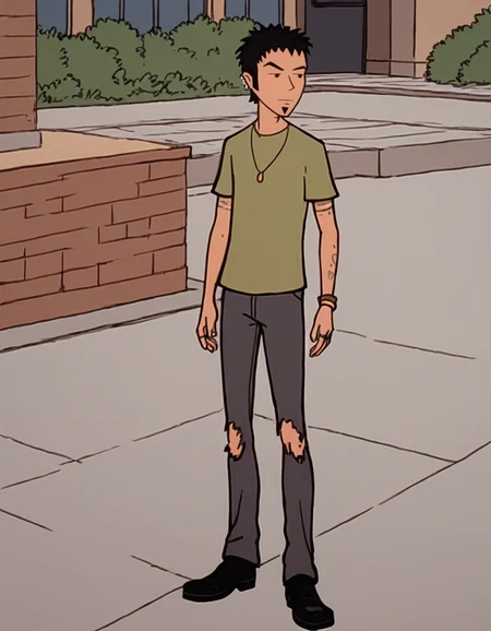 score_9, score_8_up, score_7_up, highly detailed, solo
BREAK <lora:Trent_Lane_Daria_-_Pony:0.8>, trentlane, male, black hair, black eyes, facial hair, multiple earrings, green shirt, necklace, bracelet, multiple rings, black pants, torn pants, black shoes, upper body, outdoors