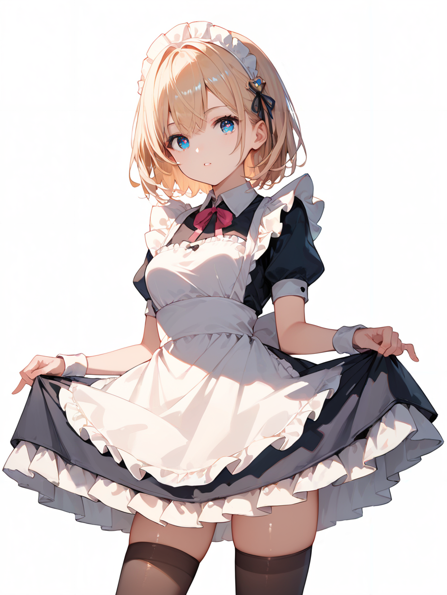 score_9, score_8_up, score_7_up,source_anime, high res image,masterpiece,best quality,(girl:1.0),cute face,clear skin,shiny hair,ultra detailed eyes,simple background,maid dress,apron,miniskirt,thighhighs