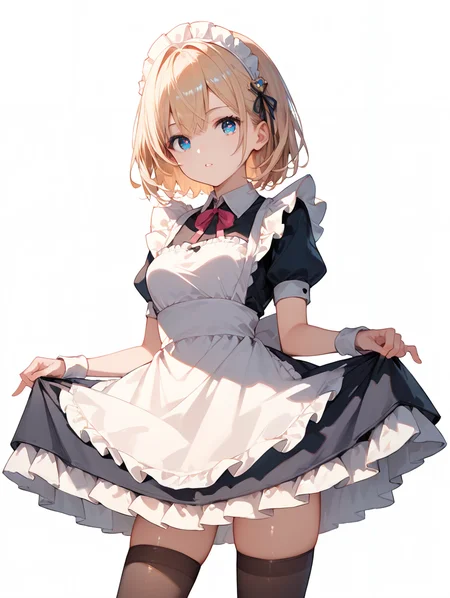 score_9, score_8_up, score_7_up,source_anime, high res image,masterpiece,best quality,(girl:1.0),cute face,clear skin,shiny hair,ultra detailed eyes,simple background,maid dress,apron,miniskirt,thighhighs