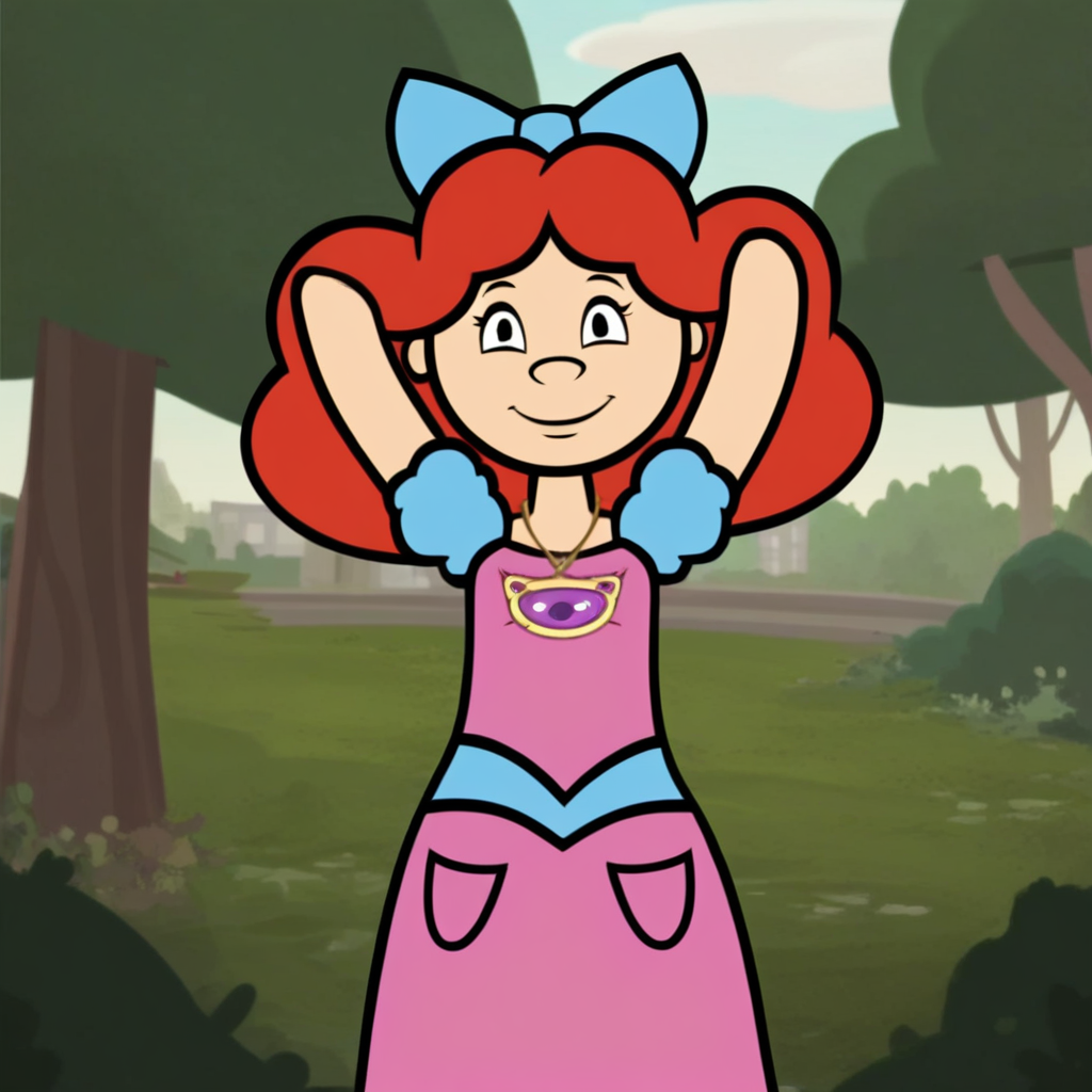 Score_9, solo, eileen_wg, red hair, long hair, hairbow, dress, necklace, hands behind head, smile, looking at viewer, outdoors, tree
