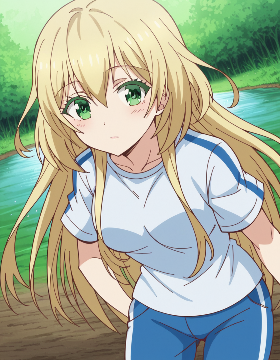 score_9, score_8_up, score_7_up, source_anime, <lora:yuki-nozaki-s1-ponyxl-lora-nochekaiser:1>, yuki nozaki, long hair, blonde hair, hair between eyes, green eyes, sidelocks,, shirt, pants, t-shirt, sportswear, track pants,, wetland, water, reeds, swamp, wildlife, , leaning forward,, looking at viewer, solo,, dutch angle, cowboy shot