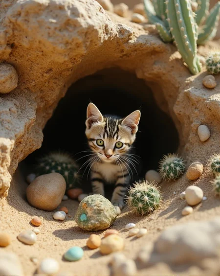 <lora:Dark_Fantasy_Anime-000021.safetensors:1> intricately textured, with subtle shadows cast, capturing light in a lifelike manner. glint subtly in the diffused light filtering, the surrounding environment is meticulously detailed
A kitten with striking green eyes and zebra-like stripes stands within a hollowed stone burrow amidst an arrangement of multi-colored pebbles and small cacti on a sandy desert landscape. The low-angle shot emphasizes the tiny subject's whimsy, while the surreal elements evoke a sense of enchantment.