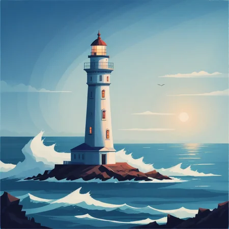 <lora:flat-000040:0.7>,ocean,lighthouse,