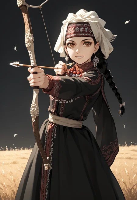 <lora:Drawing_bow:0.8>source_furry, score_7_up, rating_safe, source_anime, anime face:1.5, ((drawing bow, (weapon: 1.1), aiming at viwer, arrow, (projectile: 1.1), bow, (weapon: 1.1), holding bow, drawing bow)), amir halgal, otoyomegatari, 1girl, black hair, braid, single braid, brown eyes, dress, bead necklace, beads, coin (ornament), headscarf, jewelry, traditional clothes, kazakh clothes, 4M1RH4LG4LV1,
 smile, open eyes, <lora:INKxXmo shaded face:0.8> INKxXmo Dark Theme, Shaded Face,
looking far, concentrating,  close up:1.4, 
meadow, <lora:H001PXL:0.2>color manga,
wind, dust
