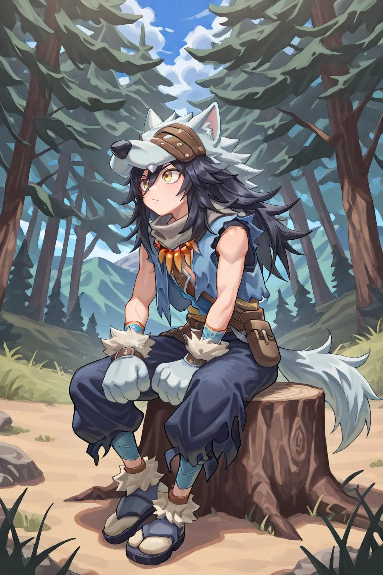 <lora:FlunkyIL:0.8> , fludef, 1boy, black hair, long hair, yellow eyes, wolf hat, wolf hood, wolf pelt, wolf tail, grey scarf, bandana around neck, necklace, tooth necklace, fur trim, blue vest, torn clothes, paw gloves, sandals, full body, forest, sitting on stump, exterior, mountainous background, (solo), masterpiece, very aesthetic, absurdres, best quality, amazing quality, high resolution, detailed background, <lora:illustrious_quality_modifiers_masterpieces_v1:0.8> , <lora:ChamIllustriousBackgroundEnhancer:0.5>