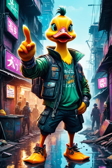 Detailed digital illustration of an anthro Duck (Pointing with confidence to distance) at a Cyberpunk slum with flickering electronic signs, <lora:xl_more_art-full_v1:0.5>,  <lora:anthro_muscular:0.7> , <lora:madpunk:0.4> madpunk