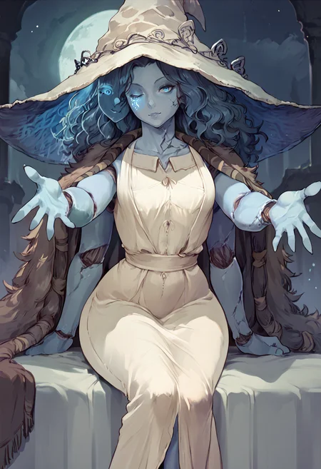 score_9, score_8_up, score_7_up, score_6_up BREAK 1girl,incrsxlranni,wavy hair, cracked skin, blue skin, colored skin, extra arms, extra faces, doll joints,full moon,white dress, witch hat, brown cloak,wide hips,slight smile,sitting,looking at viewer,leaning to the side,reaching towards viewer <lora:csr_pd_unet_t2:1>  <lora:Ranni_XLPD_CAME:0.8>