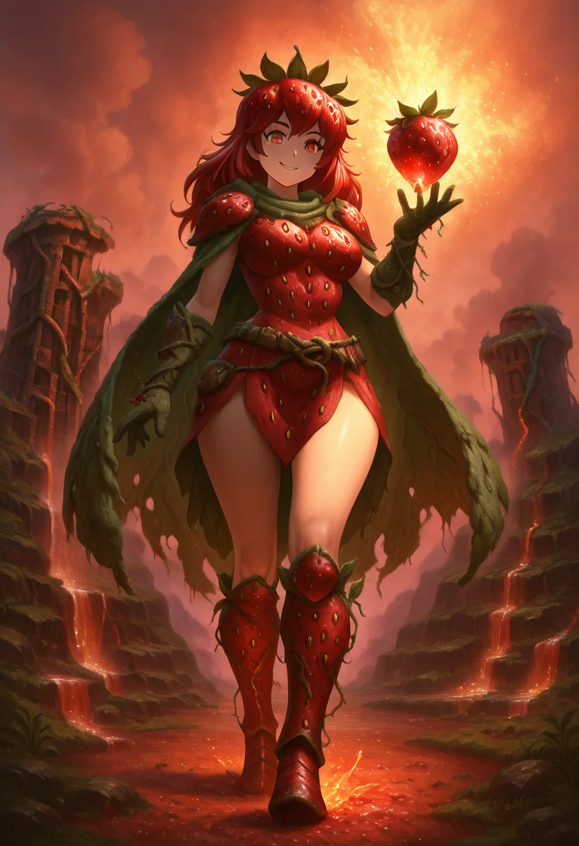 masterpiece, best quality, solo, curvy, beautiful eyes, narrow waist, wide hips, 1girl, solo, smile, looking at viewer, dynamic angle, foreshortening, close up,       strbrry, <lora:StrawberryWorldMorph_IXL_v1:1.0>,[Earthshaper Geomancer], earth-toned tunic made of woven stone fibers, rough leather belt with mineral embellishments, layered clay greaves, bark-textured gloves, boot soles embedded with quartz shards, earthy cape with moss accents, towering stone ruins in a rocky valley, hand raised to control the earth,