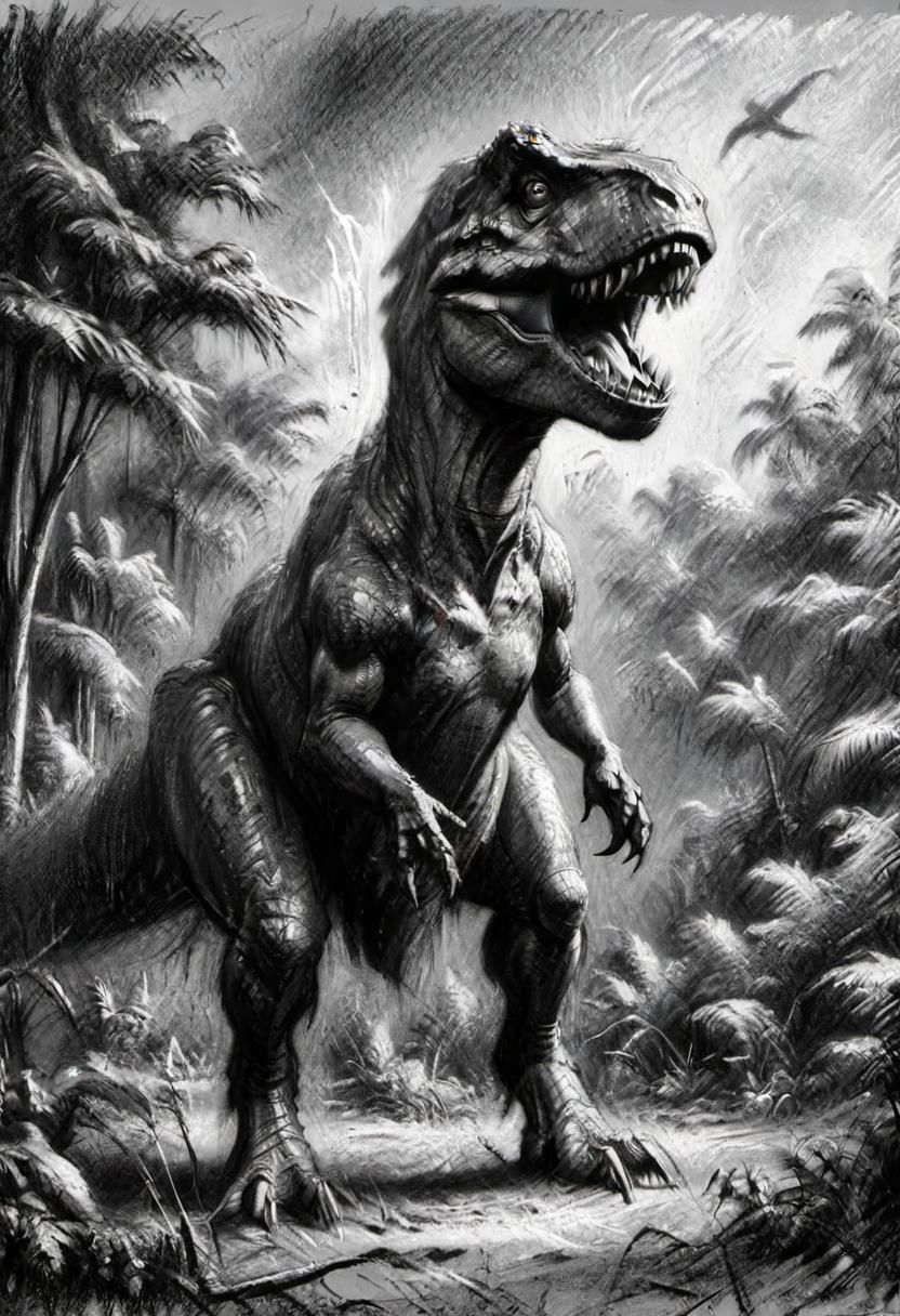 (masterpiece), 
A t-rex from jurassic park, 
Black and white tones,
HDR, highly detailed, 32k, 
looking at viewer,