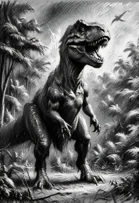 (masterpiece), 
A t-rex from jurassic park, 
Black and white tones,
HDR, highly detailed, 32k, 
looking at viewer,