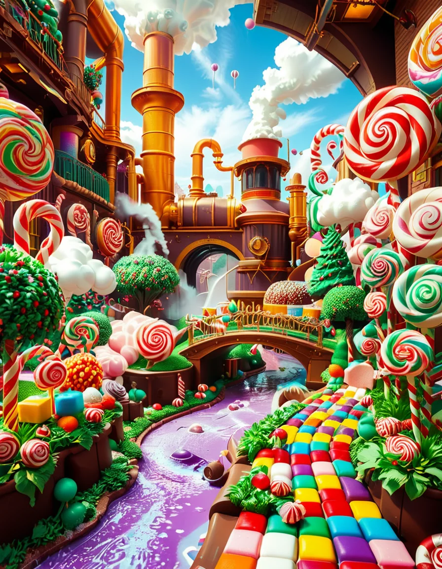 A whimsical and magical photo of Willy Wonkaâs Chocolate Factory. The scene captures the exterior of the factory, featuring a towering, fantastical building with colorful, crooked chimneys puffing out clouds of candy-scented steam. The walls are made of vibrant bricks in shades of purple, gold, and red, with intricate candy-inspired patterns carved into the structure. A large, ornate gate made of swirling lollipop shapes stands at the front, with the name "Willy Wonka" emblazoned in gold letters. Surrounding the factory is a lush, surreal landscape filled with oversized candy canes, gumdrop bushes, chocolate rivers, and trees made of cotton candy. The sky is bright and cheerful, with fluffy clouds that resemble whipped cream. The entire setting feels magical, playful, and inviting, full of bright, saturated colors and incredible, dreamlike details that spark the imagination.
<lora:SDXLFaeTastic2400:0.4> <lora:extremely_detailed:0.4> extremely detailed, <lora:Willy_W0nk4_chocolate_f4ct0ry:1>,Willy W0nk4 chocolate f4ct0ry, Masterpiece,best quality,hi res,8k,hi res,8k,award winning,(sharp focus, intricate, highly detailed),