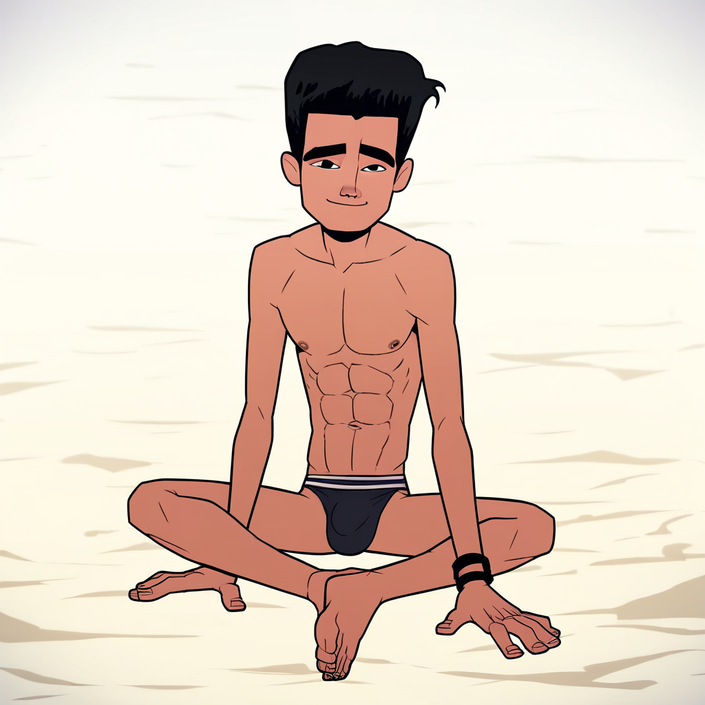 Adam, 1boy, male focus, solo, shirt, black hair, black eyes, swimsuit, male swimwear, abs, bracelet, speedo, topless male,  score_9, score_8_up, score_7_up, score_6_up <lora:vinceteaa_020_04v2-step00000400r:1> good face, good eyes, looking at viewer, full body,