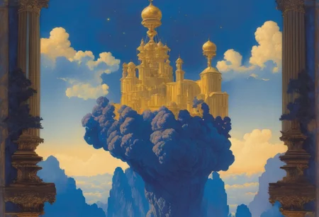 award winning painting of a floating castle in the air, epic composition, detailed, parts made of deep blue crystal, intricate, Maxfield Parrish Style page