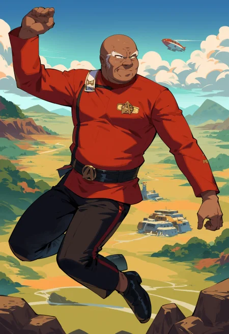 score_9, score_8_up, score_7_up, african man in twokunf,solo,old,fat,ugly,jumping
,hill scenery,
(twokunf,star trek red uniform intendation,long sleeves,white shoulder strap,black pants,black belt)<lora:TWOKpony>