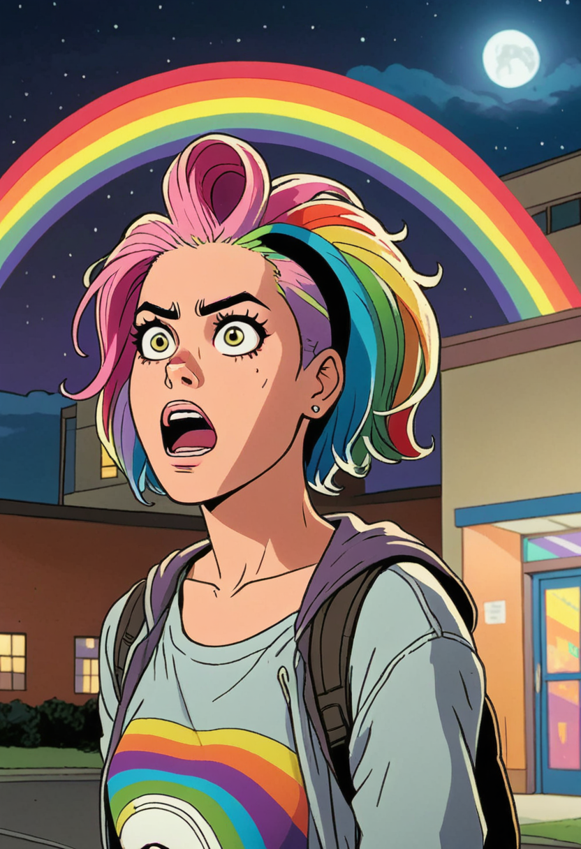 A startled-looking InfiniteTina 25-year-old woman with rainbow hair is set against a backdrop of the EVERLY HEIGHTS COMMUNITY CENTER at night. <lora:Everly_Heights_Comics:1>