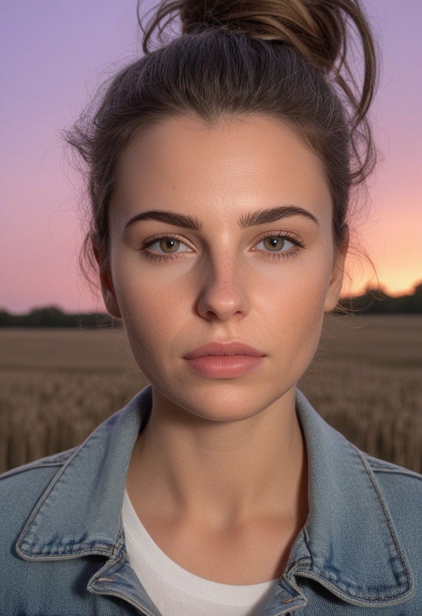 30yo american woman in a wheat field
Small eyes. Brown eyes.
Wearing ripped Denim jacket
no makeup. Clear skin.  realistic skin style
Long dark black slick back hair. No makeup. Dusk, Street light. Looking at camera POV. Slight smile, tilting head.. Tilt head. Hands in head, face, lips.
Medium Close Up shot. Bokeh. Bokeh light. Sunset. yellow, purple sky.