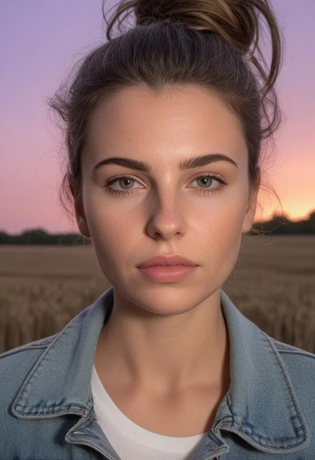 30yo american woman in a wheat field
Small eyes. Brown eyes.
Wearing ripped Denim jacket
no makeup. Clear skin.  realistic skin style
Long dark black slick back hair. No makeup. Dusk, Street light. Looking at camera POV. Slight smile, tilting head.. Tilt head. Hands in head, face, lips.
Medium Close Up shot. Bokeh. Bokeh light. Sunset. yellow, purple sky.