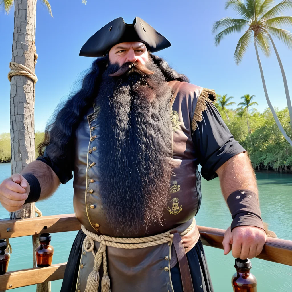 powerbeard, pirate captain, 17th century, long black wig, tall, burly, black hair, hairy arms, galleon, standing on main deck, skull and crossbones flag, jolly roger, rigging, rope coil, half full antique rum bottles, tropical inlet, aqua water, sun reflections on water, late aeternoon, palm trees, detailed background, shadows<lora:Power_Beards:1>