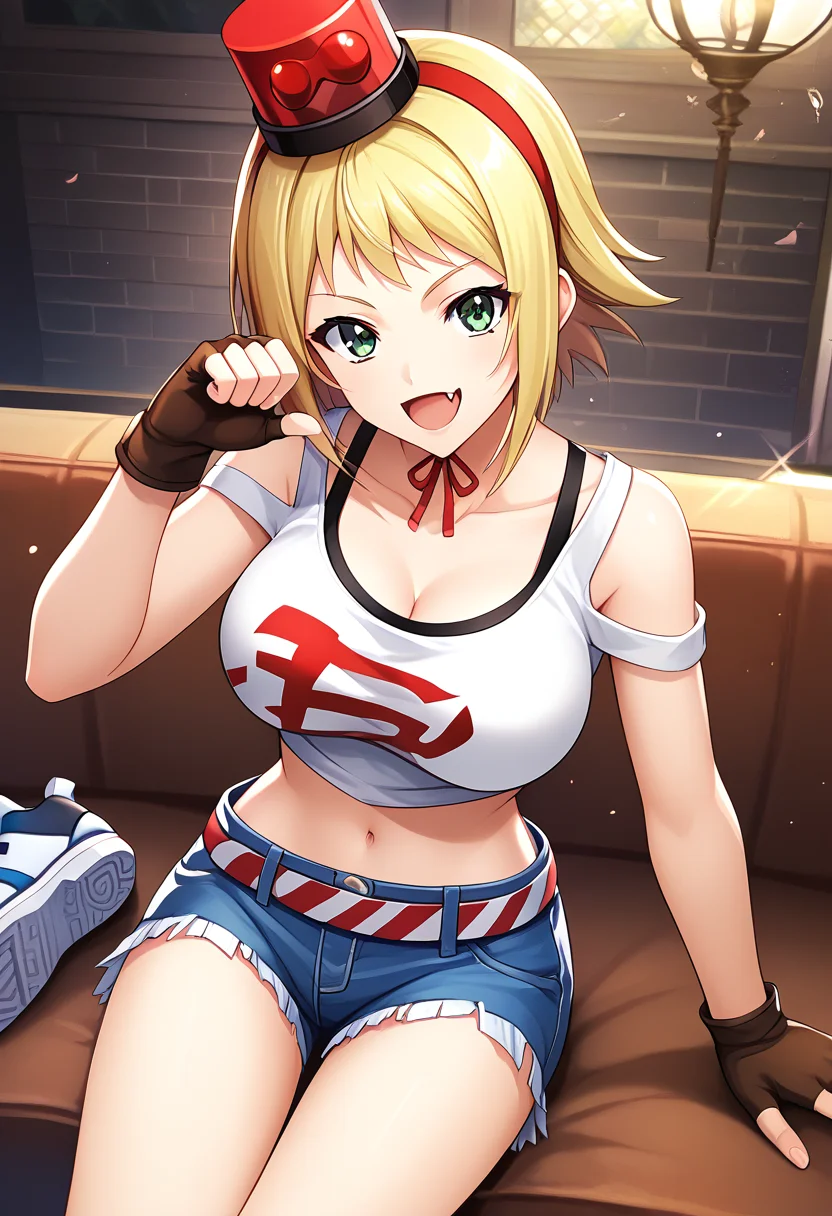 score_9, score_8_up, score_7_up, BREAK source_anime, best quality, masterpiece,very aesthetic, zPDXL2,official art,detailed_eyes,1girl, solo,
patoranran, blonde hair, flipped_hair, short hair, green eyes, large breasts, fang, teenager
top hat, object on head, hairband, breasts, cleavage, tank top, belt, fingerless gloves, navel, midriff, crop top, denim, denim shorts, sneakers
<lora:patoranran_pony_v1:1>
( sitting:1.3),(dynamic pose),
smile, open mouth,
looking at viewer,(cowboy shot,:1.5 ),
indoors, (mahjong)
