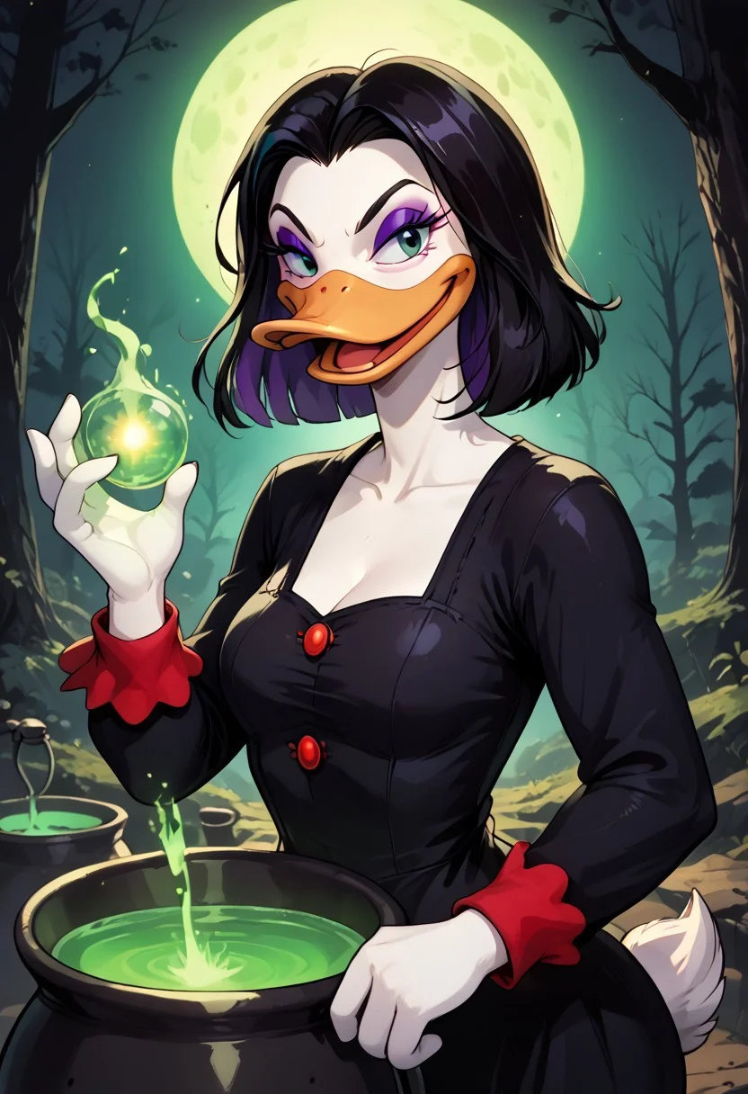 score_9, score_8_up, ty le3, magicads, furry female, purple eyeshadow, black hair, black dress, short hair, duck, red sleeve frills, long sleeves, white skin, a cauldron producing green light in front of her, dynamic pose, perfect contrasts, original perspective, detailed dark shadow, detailed clear highlights, sharp lines, detailed face, in a dark night, dark forest background
