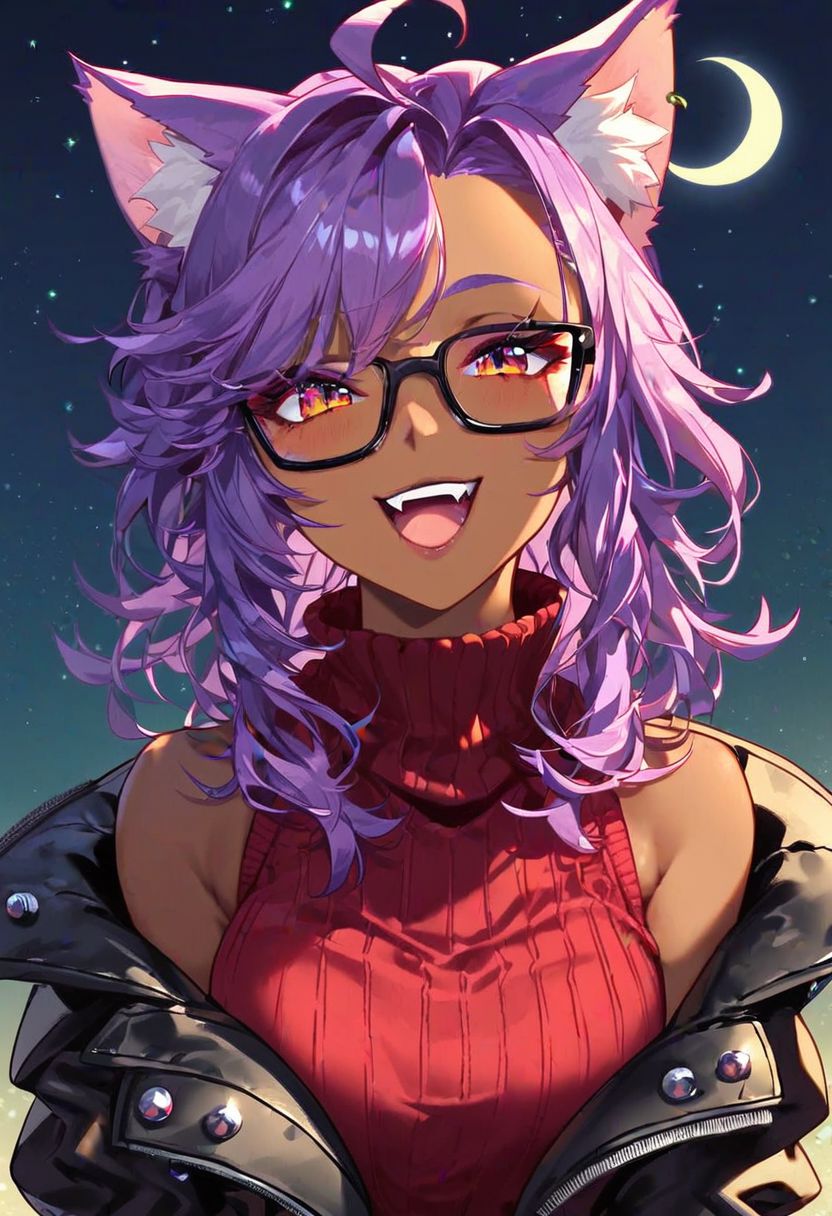 score_9_up, score_8_up_, score_7_up, very detailed, cute catgirl, cute pose, catgirl ears, tanned skin, dark skin, titanium framed glasses, bright neon purple hair, ponytail, medium hair, ahoge hair, unkempt hair, sly smile, open mouth, starry jewelrey, baggy sweater, oversized sweater, dark red turtleneck sweater, wearing black biker coat over sweater, short coat, studded coat, spiked coat, well dressed, night time, cyberpunk city in background, moon, solo focus on female, from waist up, detailed face, best detail, (best quality:1.5), masterpiece, (high resolution:1.5)
ng_deepnegative_v1_75t, OverallDetail, , Expressiveh