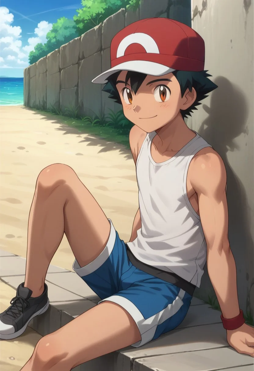 score_9, score_8_up, score_7_up, source_anime, highly detailed, 1boy, solo, male_focus, slender, skinny, cute,
1boy, male focus, hat, brown eyes, smile, outdoors, black hair, day, closed mouth, sleeveless, shirt, short pants, bare foot,
simple background, sitting,