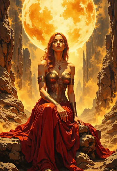 A regal celestial woman sits on a jagged rock formation in the center of a golden-lit canyon. Her red hair is swept back, strands catching the light. Her cheekbones and eyes are sharply defined, illuminated by the warm glow.
She wears a flowing crimson gown, draped over her shoulders, cascading in heavy folds, pooling at her feet. A bronze corset, adorned with filigree engravings and gemstone inlays, reflects the warm canyon light. Her golden bracelets, etched with ornate patterns, catch the flickering glow of floating embers drifting through the air.
Above her, a massive celestial sphere hovers, its semi-transparent surface swirling with golden dust and glowing embers. The sphere emits a soft golden light, casting a halo-like illumination around her.
The canyon walls rise steeply, their textured stone formations contrasting with the hazy, glowing atmosphere. Small golden orbs float through the air, their soft light blending with the dust and mist clinging to the ground.
The scene is bathed in deep golds, warm reds, and soft ambient glows, highlighting the contrast between the rugged canyon landscape and the celestial presence of the woman.