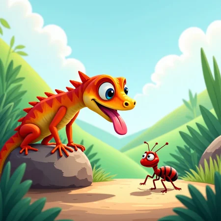 A playful, storybook-style scene featuring a colorful lizard perched on a rock with its tongue sticking out, staring intently at a small ant on the ground. The lizard's wide, focused eyes and slightly open mouth suggest it's fixated on the ant, preparing to pounce. The ant has an animated, somewhat afraid expression, its legs raised as if it's trying to escape. The background is vibrant, with soft, hand-drawn textures, including green foliage, gentle hills, and a blue sky with fluffy clouds, giving the image a lively, adventurous children's book feel