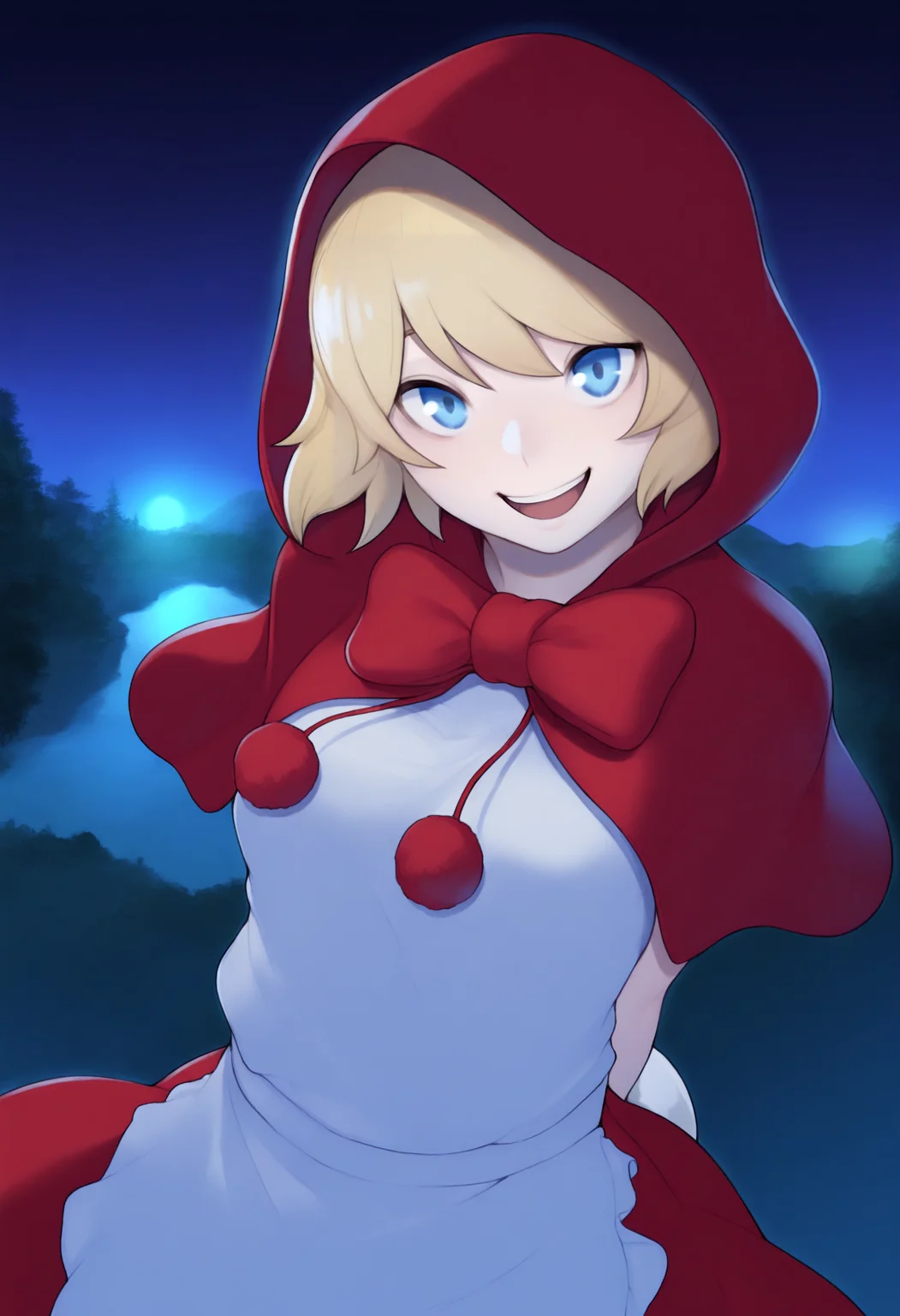 masterpiece, best quality, solo, 1girl, smile, looking at viewer,  <lora:Yasuda-Suzuhito-illus_Fp:1>, outdoors, night, <lora:Bbhood-illus_Fp:1>, bbhood, short hair, blonde hair, blue eyes, hood, capelet, red dress, bow, white apron, pom pom \(clothes\), hood up, head tilt, open mouth, arms behind back,