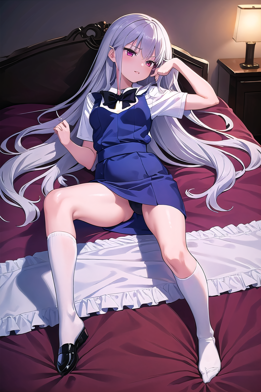 masterpiece, best quality, ultra-high-detailed, kazami kazuki, silver hair, long hair, purple eyes, school uniform, black bow, white kneehighs, lying on back, bed